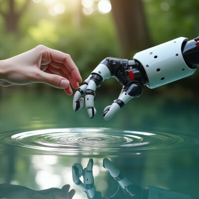 A human hand extends towards a robotic arm in a tranquil setting, creating a moment of interaction over rippling water surrounded by foliage. The scene captures harmony between nature and technology.