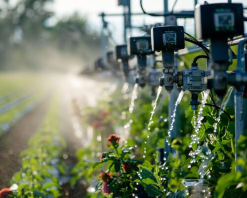 Advanced irrigation technology in a farm setting, using sensors and automated systems to minimize water use and maximize crop yield --ar 3:2 Job ID: c2b3979e-f36b-46b1-b848-fda4209af4b1